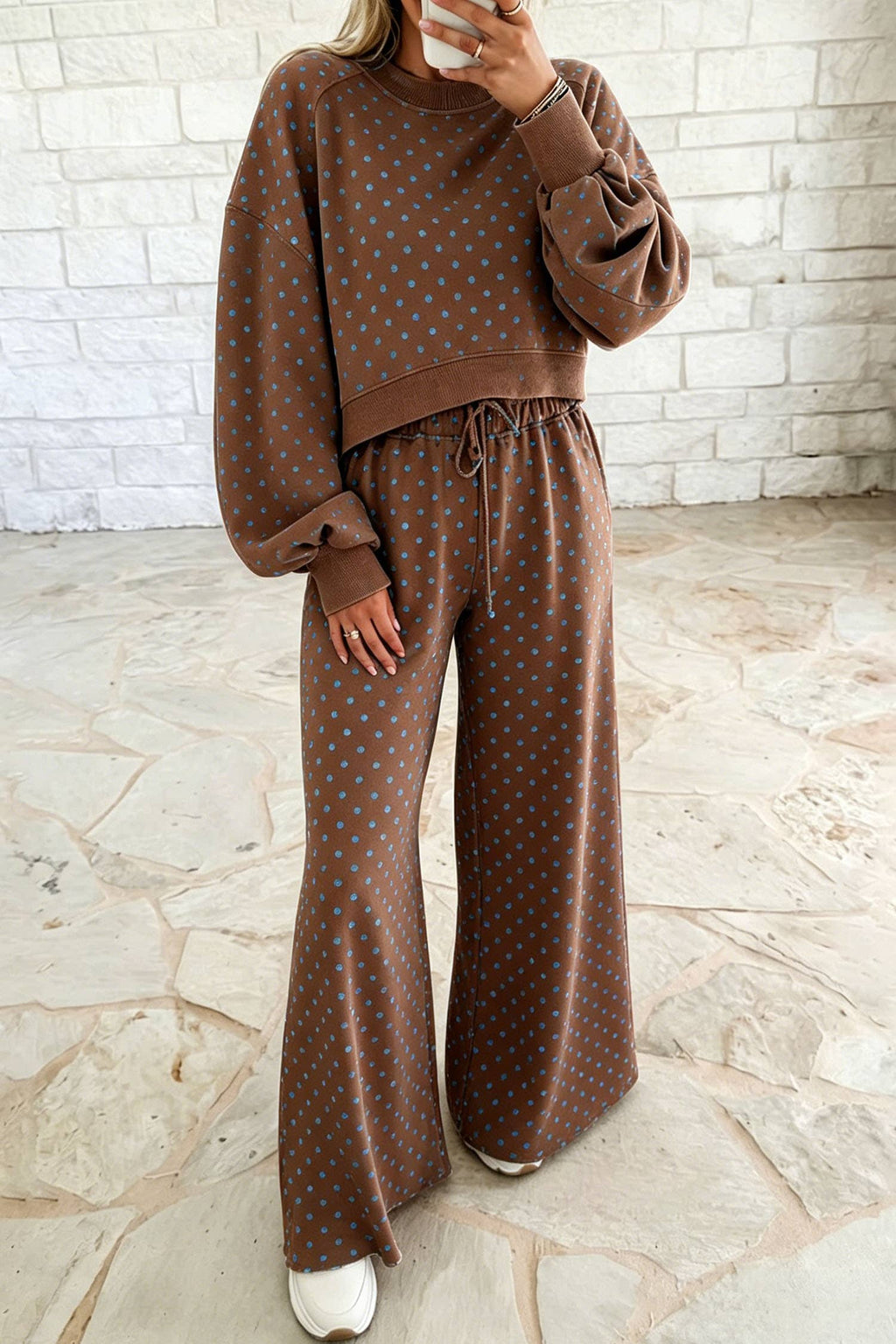 Polka Dot Drawstring Top and Pants Set