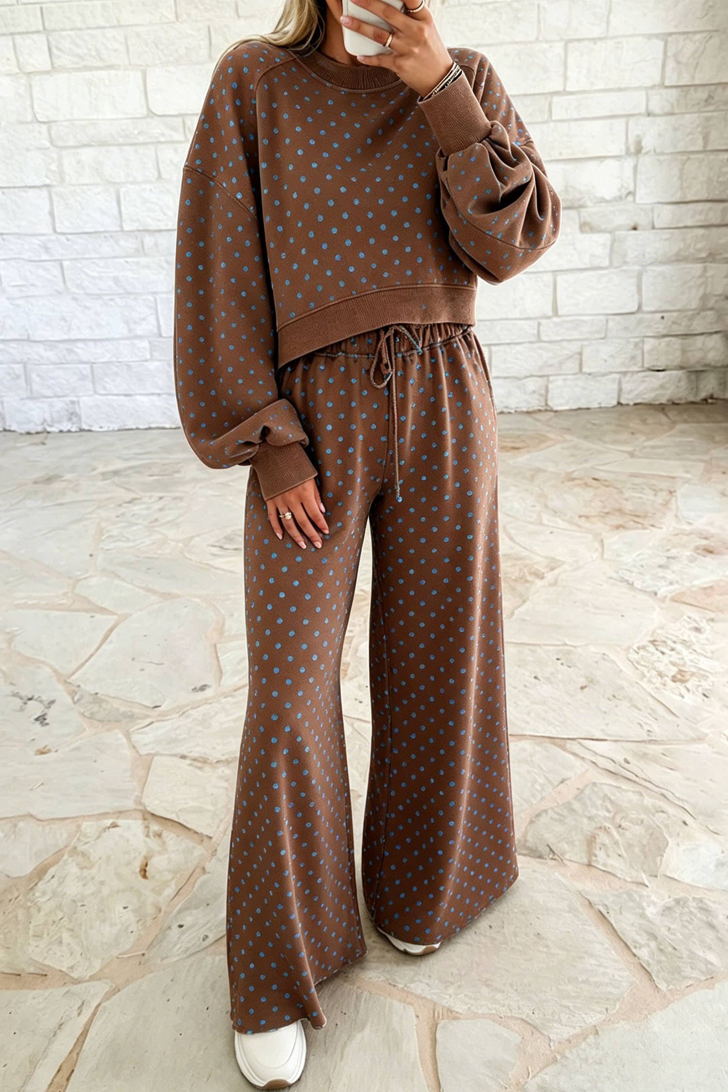 Polka Dot Drawstring Top and Pants Set