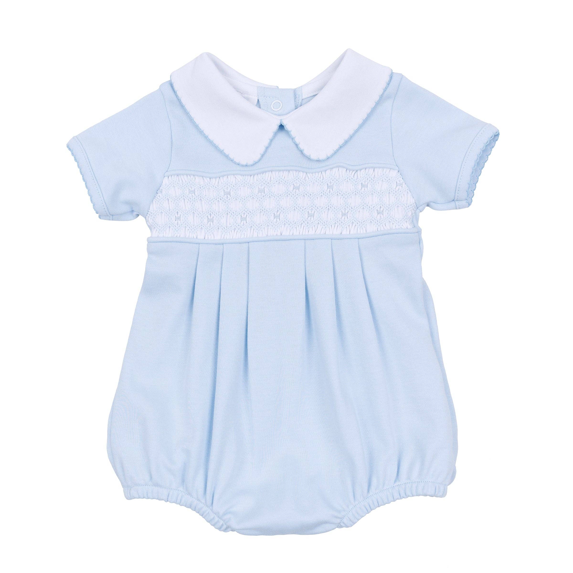 Smocked Short Sleeve Bubble - Light Blue