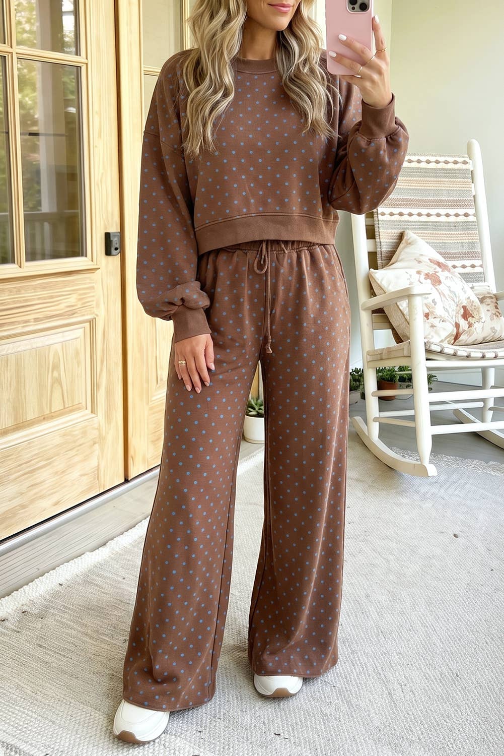 Polka Dot Drawstring Top and Pants Set