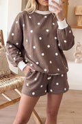 Polka Dot Ribbed Trim Long Sleeve short set